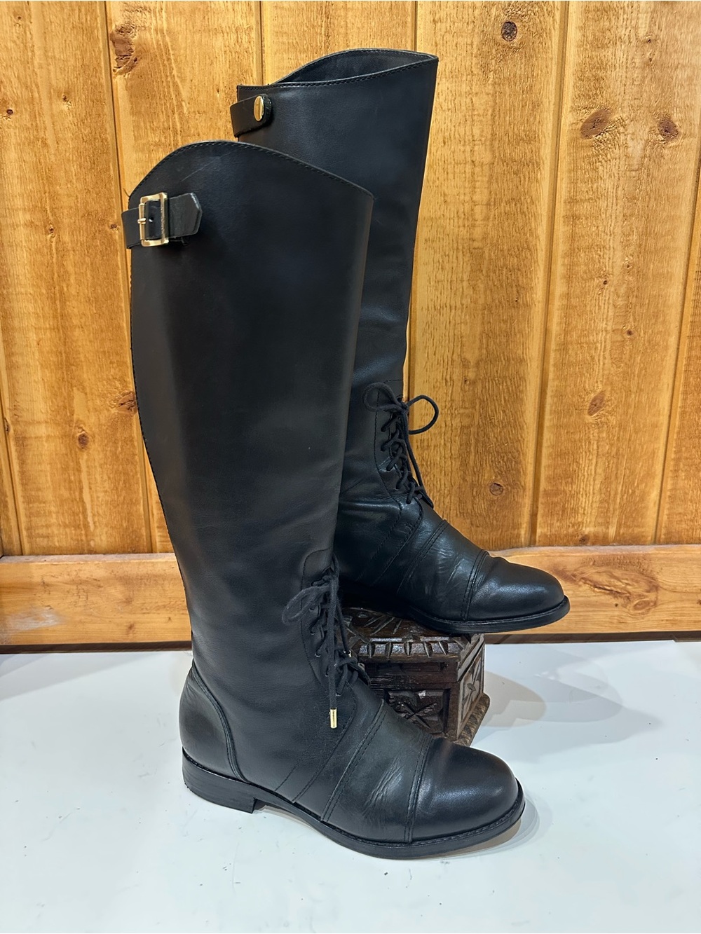 Rachel Zoe Women Black Leather Georgia Lace Up Tall Boots w/Gold Buckle Size 6M